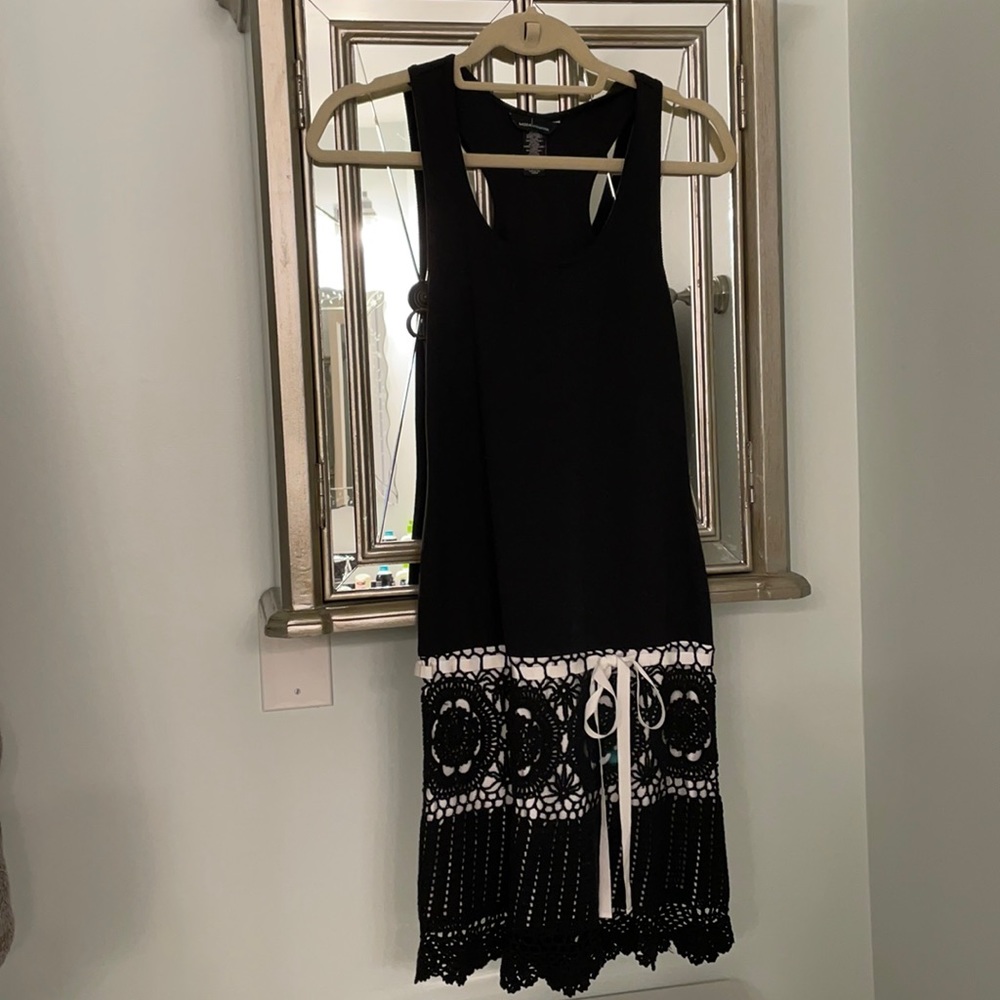 Black tank dress with drop waist crochet skirt